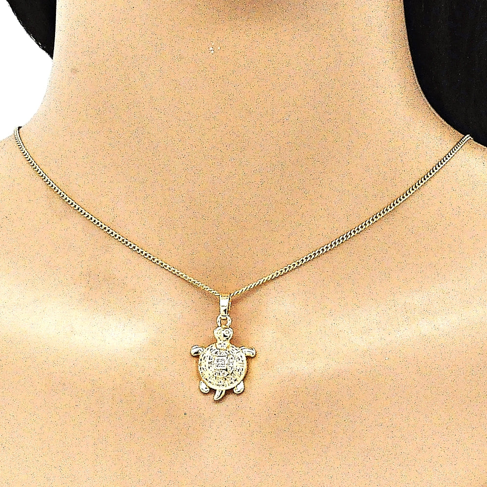 Oro Laminado Earring and Pendant Adult Set, Gold Filled Style Turtle Design, with White Micro Pave, Polished, Golden Finish