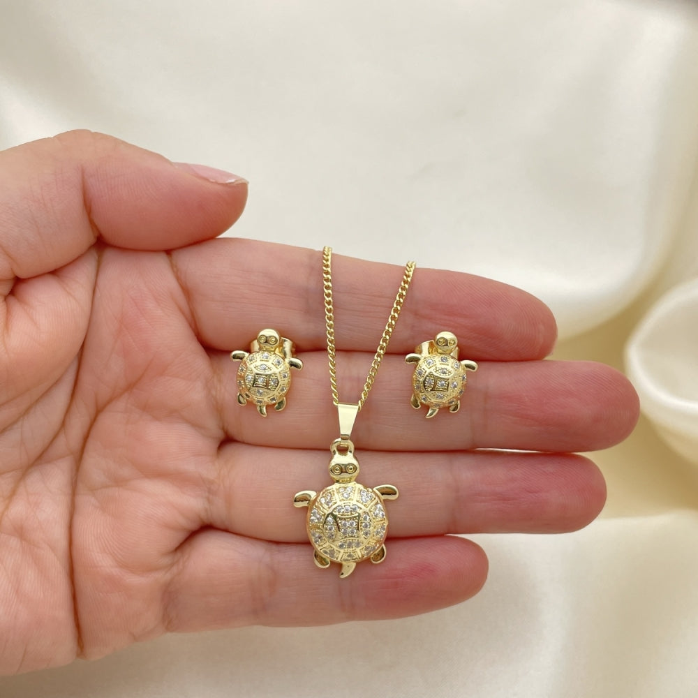 Oro Laminado Earring and Pendant Adult Set, Gold Filled Style Turtle Design, with White Micro Pave, Polished, Golden Finish