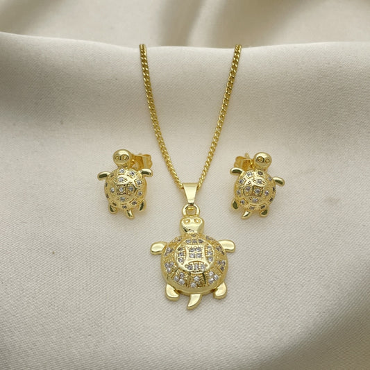 Oro Laminado Earring and Pendant Adult Set, Gold Filled Style Turtle Design, with White Micro Pave, Polished, Golden Finish