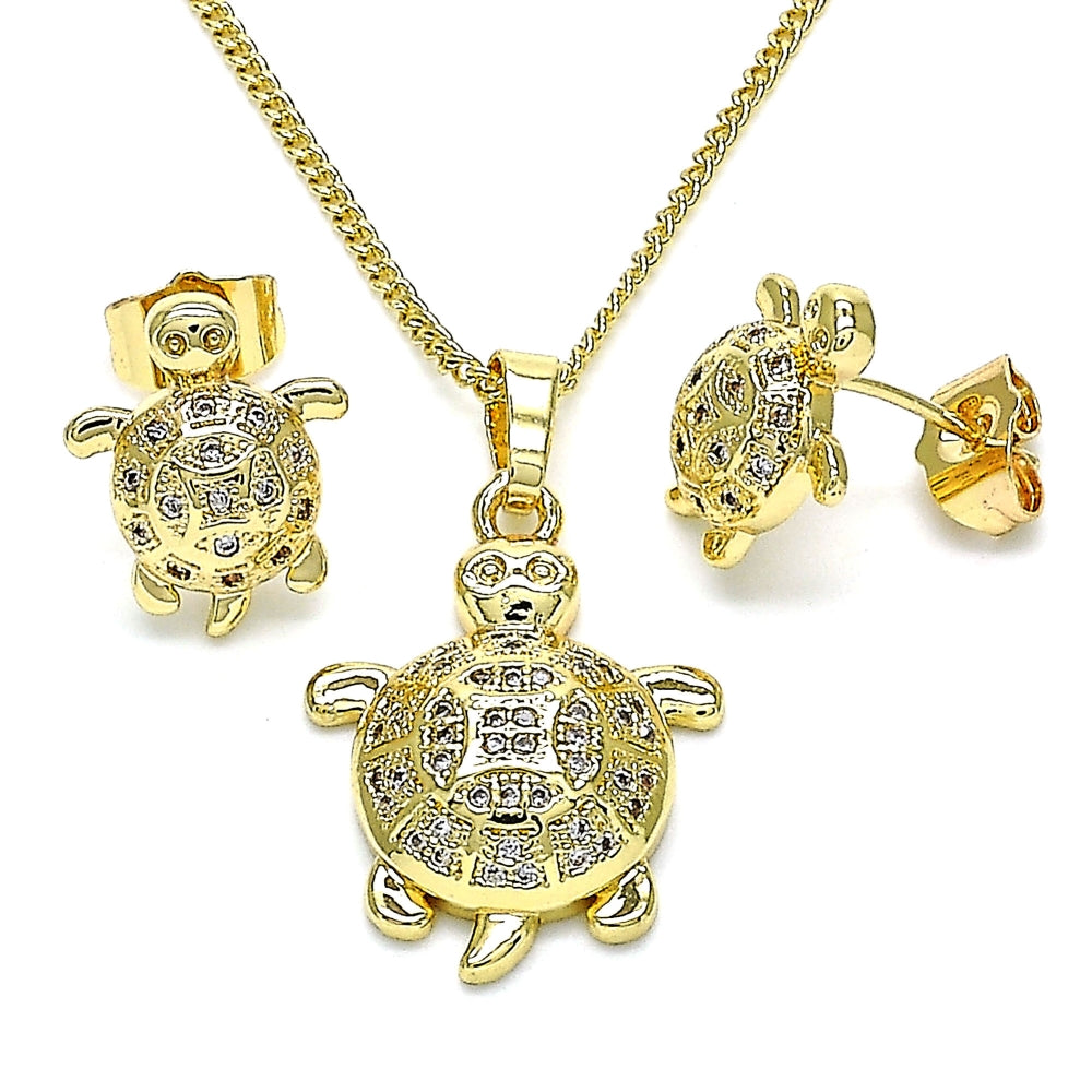 Oro Laminado Earring and Pendant Adult Set, Gold Filled Style Turtle Design, with White Micro Pave, Polished, Golden Finish