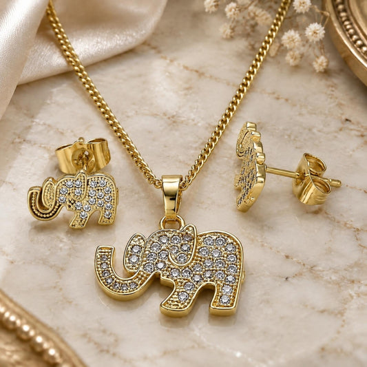 Oro Laminado Earring and Pendant Adult Set, Gold Filled Style Elephant Design, with White Micro Pave, Polished, Golden Finish