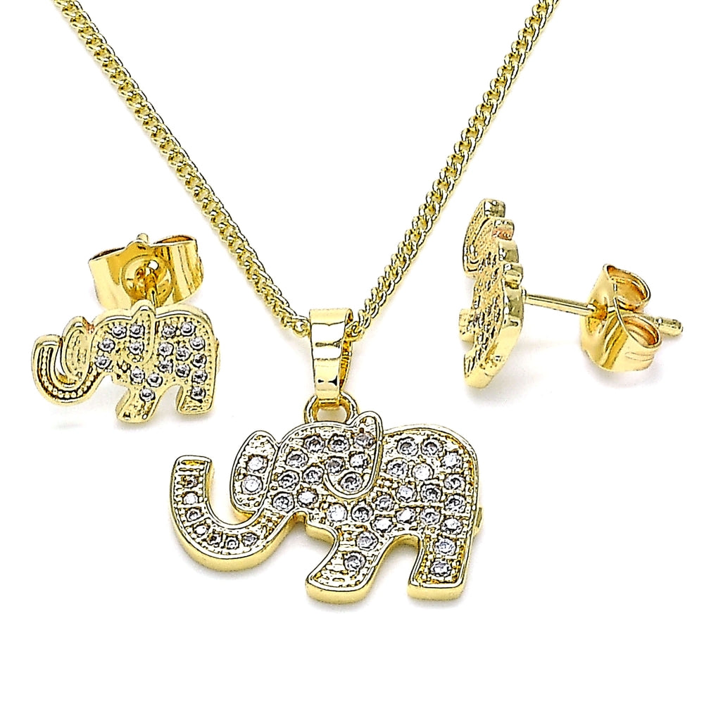 Oro Laminado Earring and Pendant Adult Set, Gold Filled Style Elephant Design, with White Micro Pave, Polished, Golden Finish