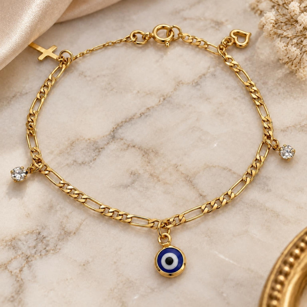 Oro Laminado Charm Bracelet, Gold Filled Style Evil Eye and Cross Design, Polished, Golden Finish