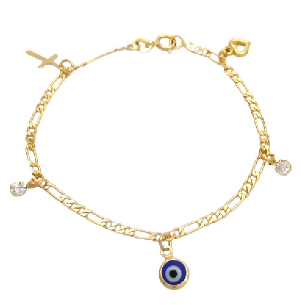 Oro Laminado Charm Bracelet, Gold Filled Style Evil Eye and Cross Design, Polished, Golden Finish