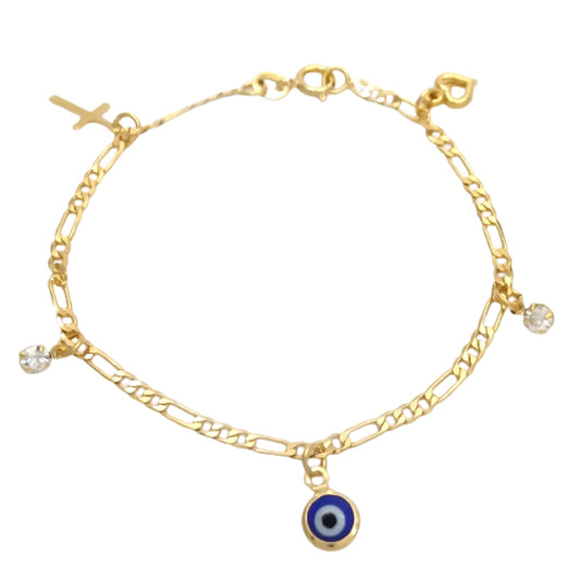 Oro Laminado Charm Bracelet, Gold Filled Style Evil Eye and Cross Design, Polished, Golden Finish