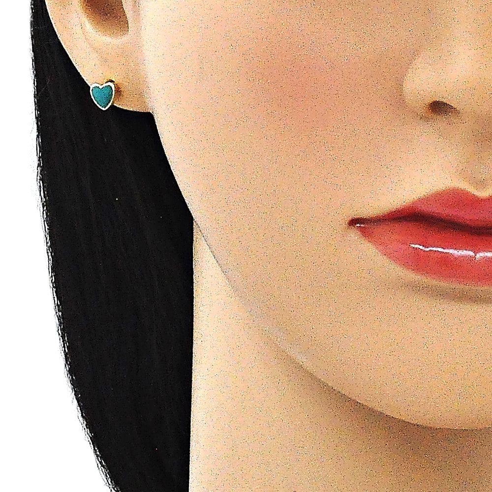 Oro Laminado Stud Earring, Gold Filled Style Heart Design, Green Enamel Finish, Golden Finish