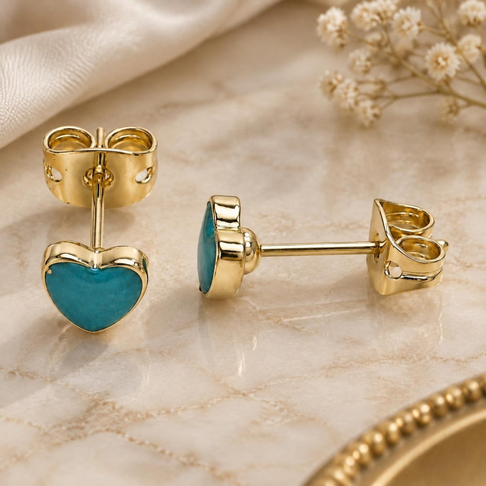 Oro Laminado Stud Earring, Gold Filled Style Heart Design, Green Enamel Finish, Golden Finish
