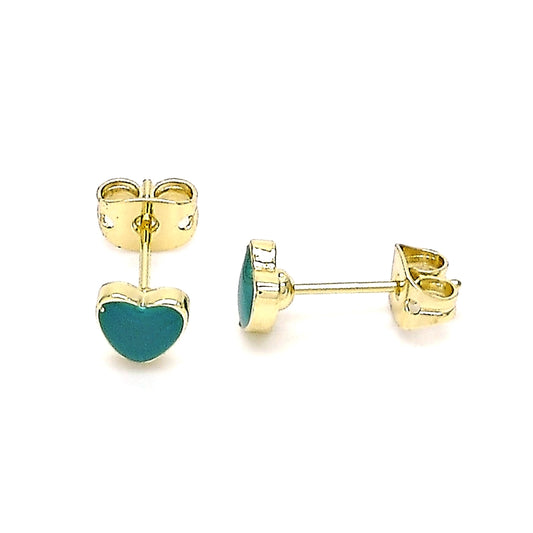 Oro Laminado Stud Earring, Gold Filled Style Heart Design, Green Enamel Finish, Golden Finish