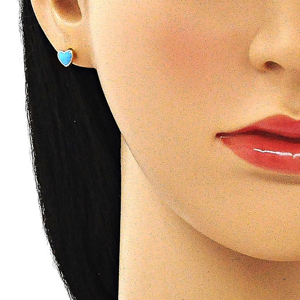 Oro Laminado Stud Earring, Gold Filled Style Heart Design, Azul claro Enamel Finish, Golden Finish