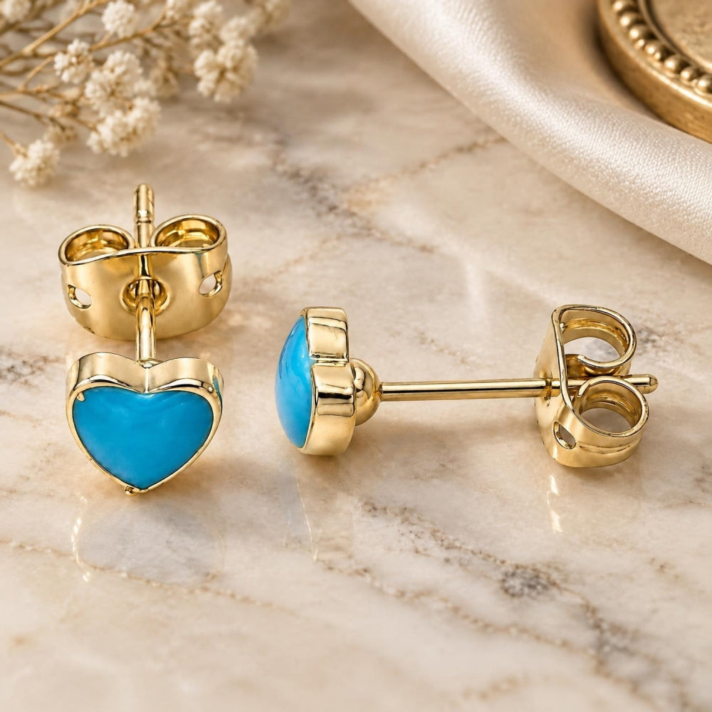 Oro Laminado Stud Earring, Gold Filled Style Heart Design, Azul claro Enamel Finish, Golden Finish