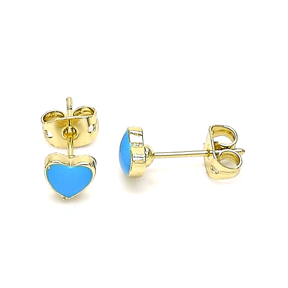 Oro Laminado Stud Earring, Gold Filled Style Heart Design, Azul claro Enamel Finish, Golden Finish
