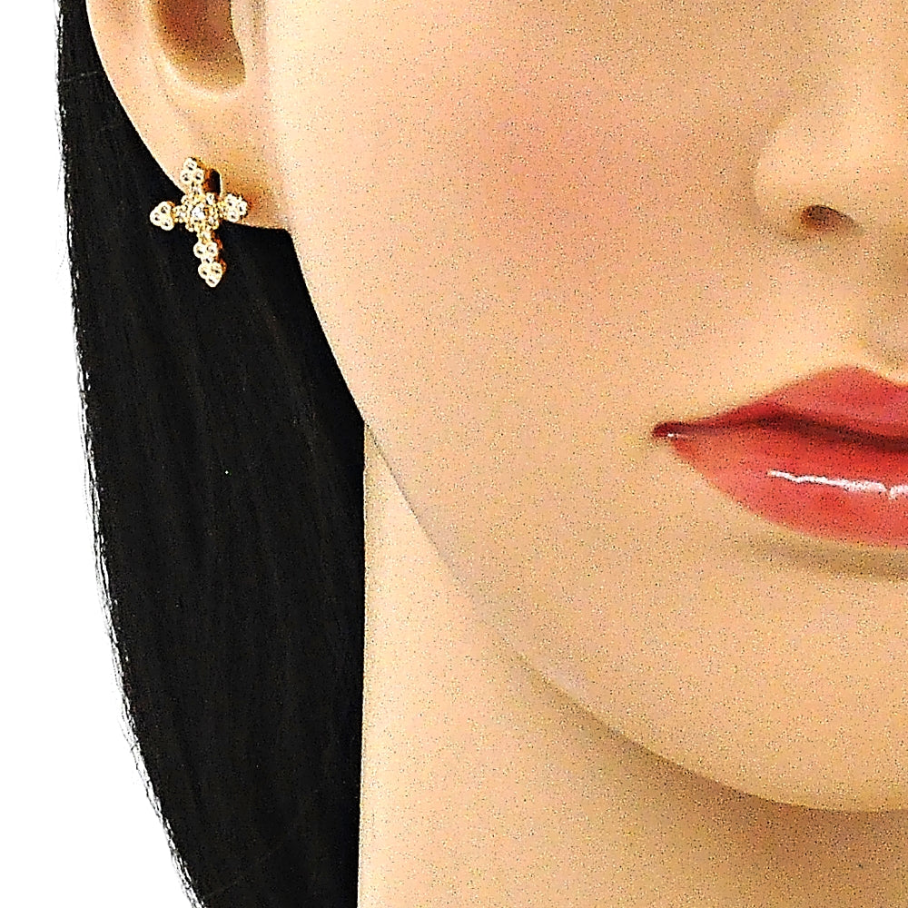 Oro Laminado Stud Earring, Gold Filled Style Cross Design, with White Micro Pave, Polished, Golden Finish