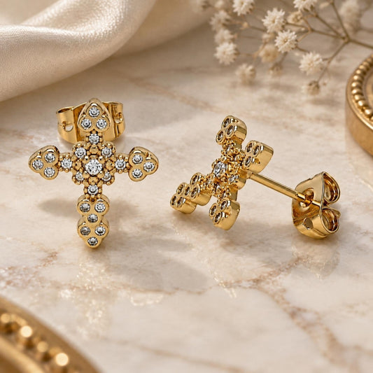 Oro Laminado Stud Earring, Gold Filled Style Cross Design, with White Micro Pave, Polished, Golden Finish