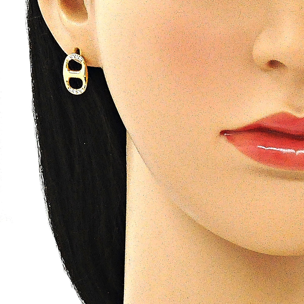 Oro Laminado Stud Earring, Gold Filled Style Puff Mariner Design, with White Micro Pave, Polished, Golden Finish