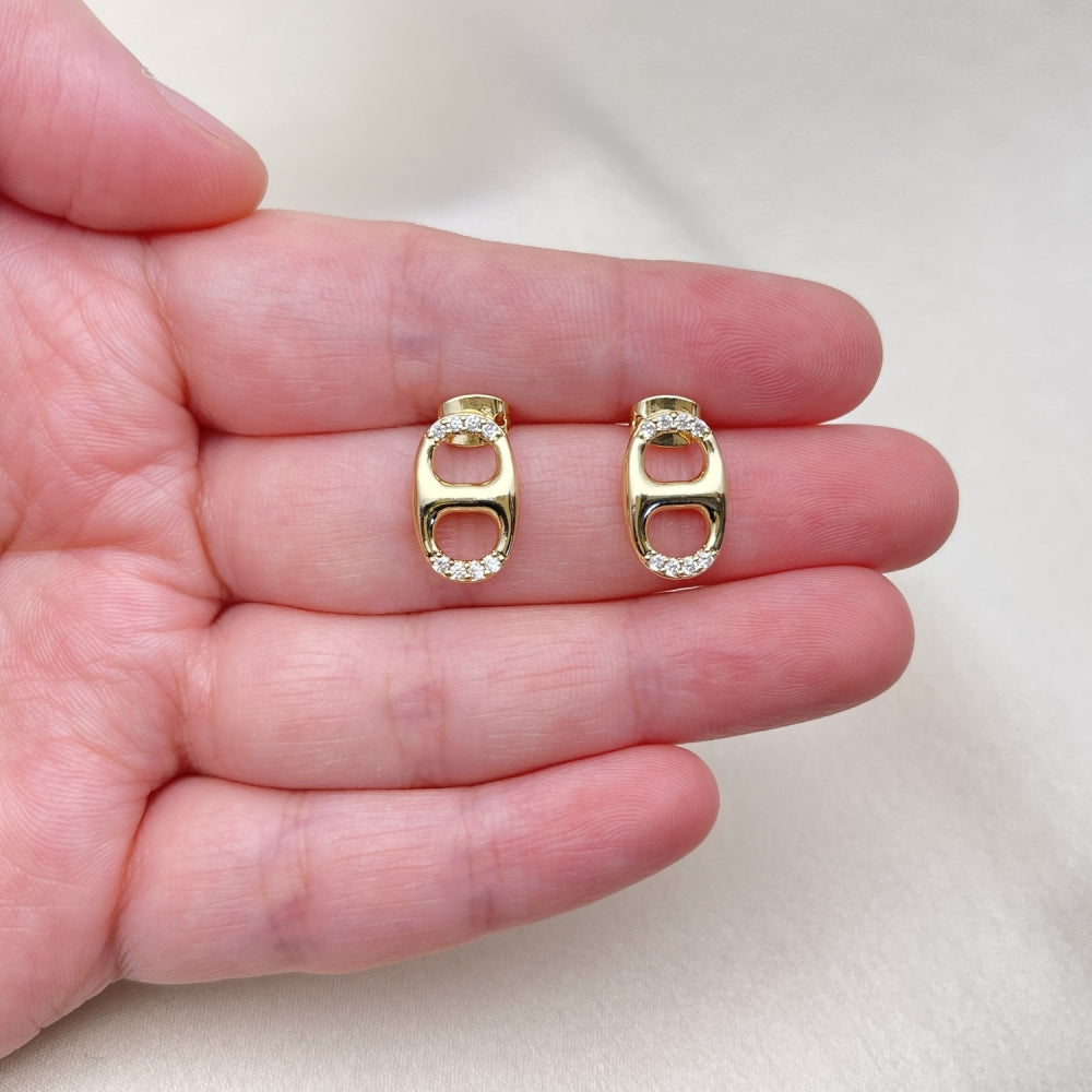Oro Laminado Stud Earring, Gold Filled Style Puff Mariner Design, with White Micro Pave, Polished, Golden Finish