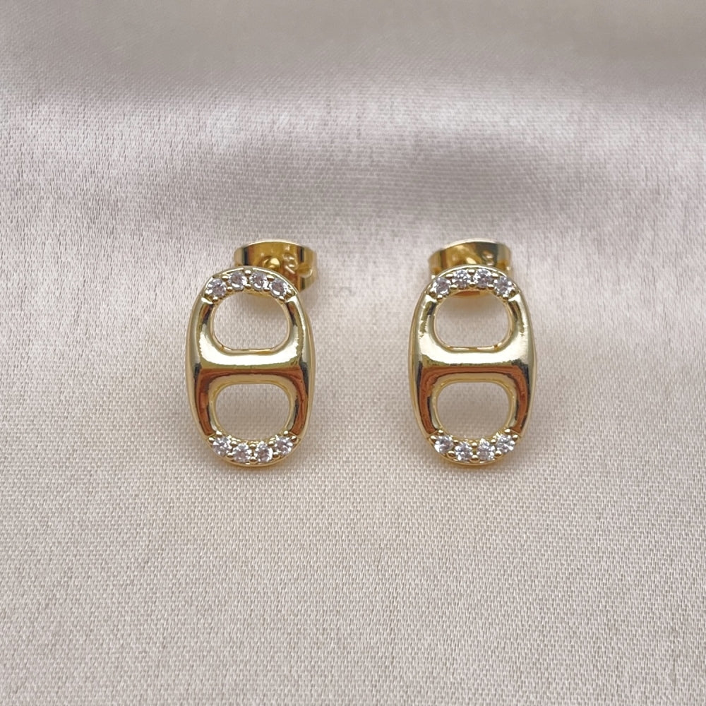 Oro Laminado Stud Earring, Gold Filled Style Puff Mariner Design, with White Micro Pave, Polished, Golden Finish