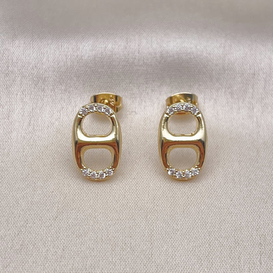 Oro Laminado Stud Earring, Gold Filled Style Puff Mariner Design, with White Micro Pave, Polished, Golden Finish