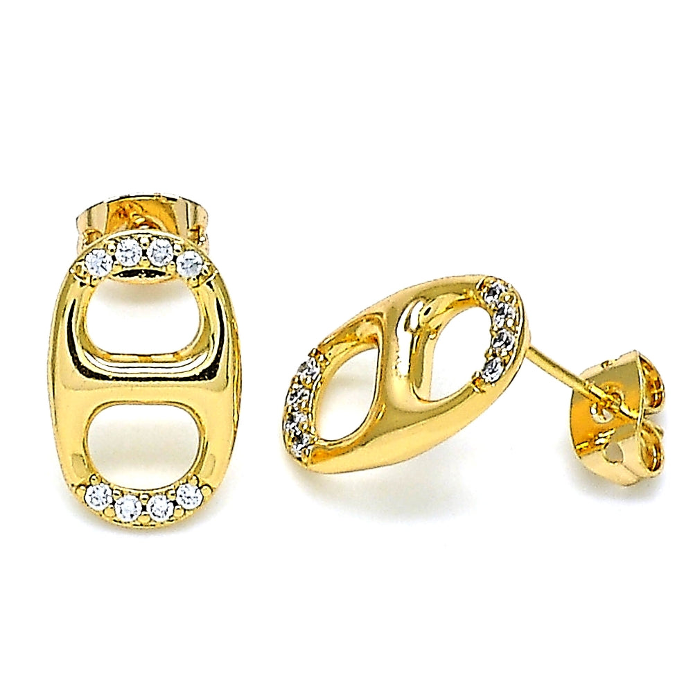 Oro Laminado Stud Earring, Gold Filled Style Puff Mariner Design, with White Micro Pave, Polished, Golden Finish