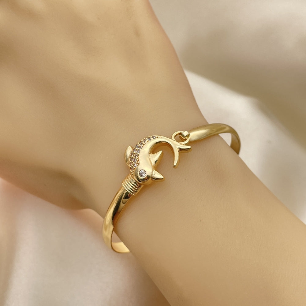 Oro Laminado Individual Bangle, Gold Filled Style Dolphin Design, with White Micro Pave and White Cubic Zirconia, Polished, Golden Finish