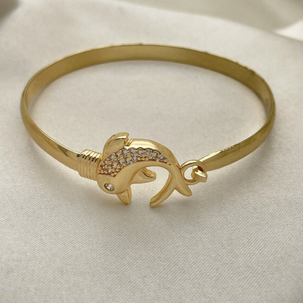Oro Laminado Individual Bangle, Gold Filled Style Dolphin Design, with White Micro Pave and White Cubic Zirconia, Polished, Golden Finish