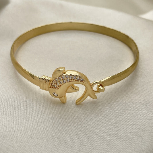Oro Laminado Individual Bangle, Gold Filled Style Dolphin Design, with White Micro Pave and White Cubic Zirconia, Polished, Golden Finish