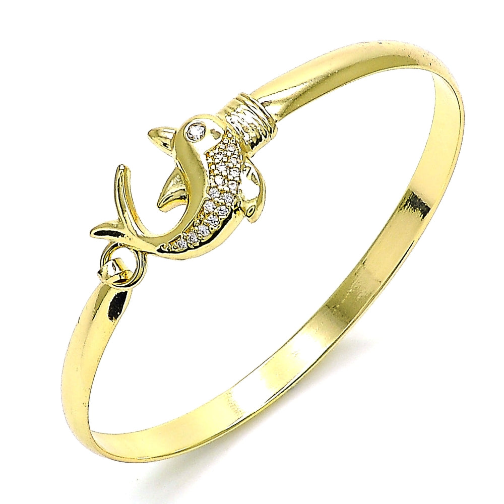 Oro Laminado Individual Bangle, Gold Filled Style Dolphin Design, with White Micro Pave and White Cubic Zirconia, Polished, Golden Finish