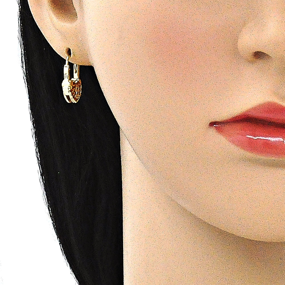 Oro Laminado Small Hoop, Gold Filled Style Lock and Heart Design, with Garnet Micro Pave, Polished, Golden Finish