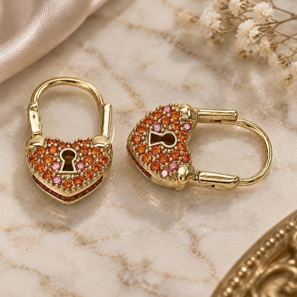 Oro Laminado Small Hoop, Gold Filled Style Lock and Heart Design, with Garnet Micro Pave, Polished, Golden Finish