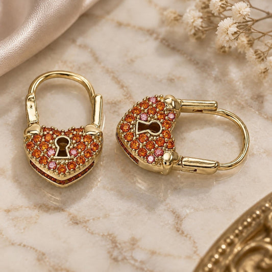 Oro Laminado Small Hoop, Gold Filled Style Lock and Heart Design, with Garnet Micro Pave, Polished, Golden Finish