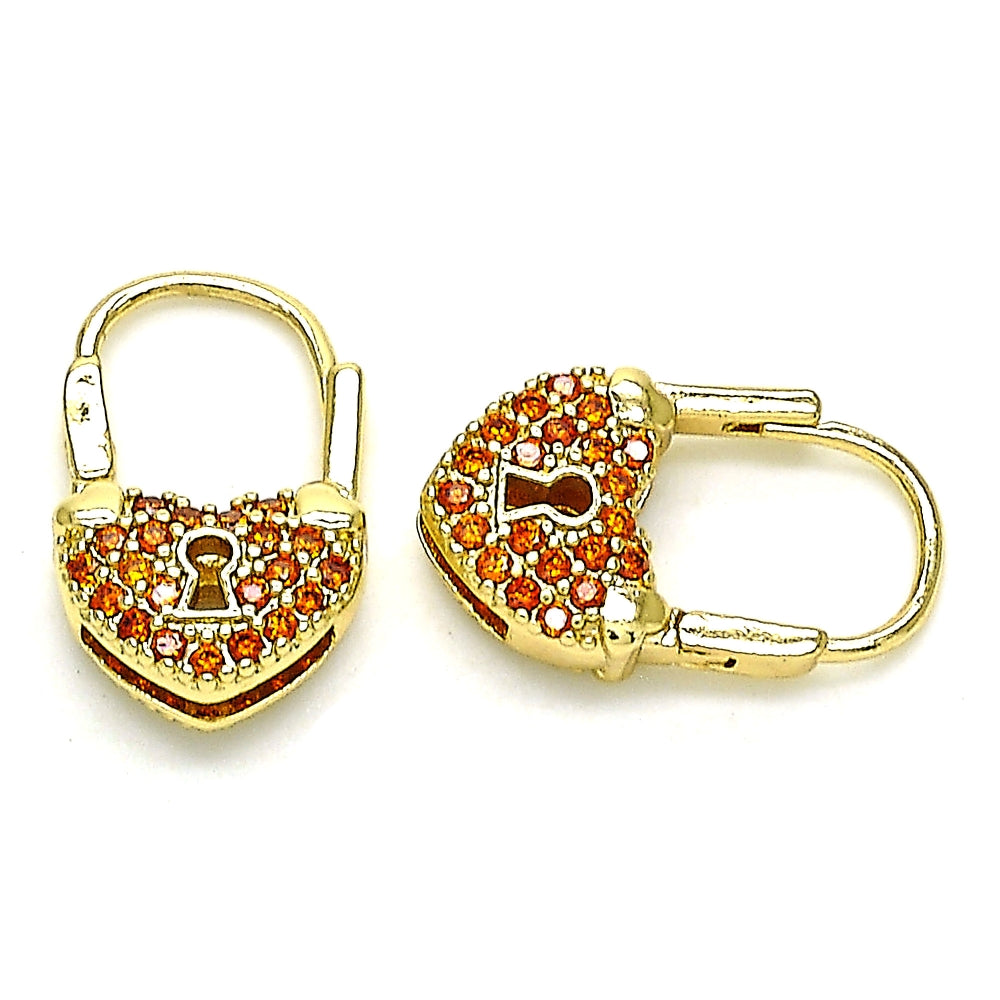 Oro Laminado Small Hoop, Gold Filled Style Lock and Heart Design, with Garnet Micro Pave, Polished, Golden Finish
