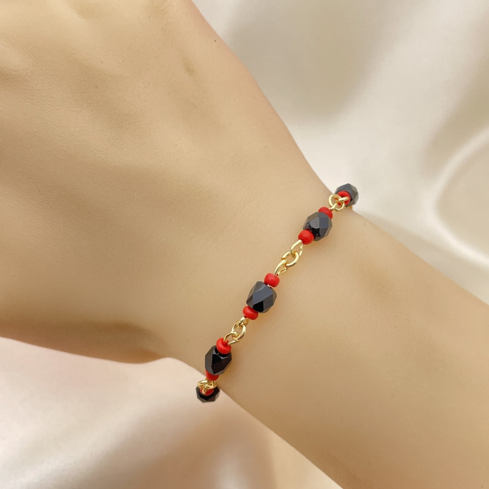 Oro Laminado Fancy Bracelet, Gold Filled Style with Black Crystal, Polished, Golden Finish