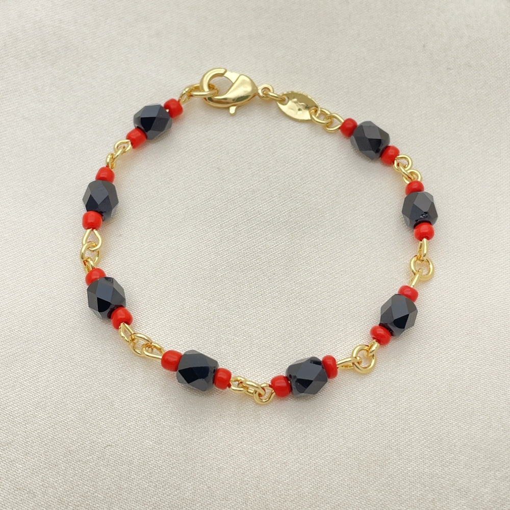 Oro Laminado Fancy Bracelet, Gold Filled Style with Black Crystal, Polished, Golden Finish