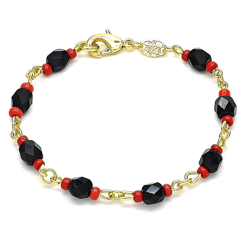 Oro Laminado Fancy Bracelet, Gold Filled Style with Black Crystal, Polished, Golden Finish