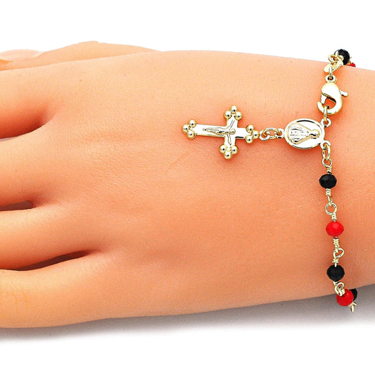 Oro Laminado Bracelet Rosary, Gold Filled Style Caridad del Cobre and Crucifix Design, with Black and Garnet Crystal, Polished, Golden Finish