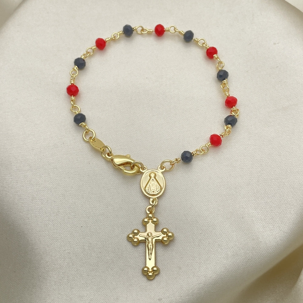 Oro Laminado Bracelet Rosary, Gold Filled Style Caridad del Cobre and Crucifix Design, with Black and Garnet Crystal, Polished, Golden Finish
