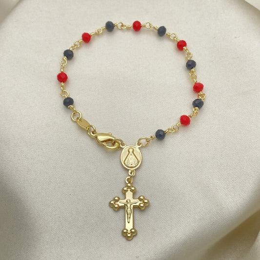 Oro Laminado Bracelet Rosary, Gold Filled Style Caridad del Cobre and Crucifix Design, with Black and Garnet Crystal, Polished, Golden Finish