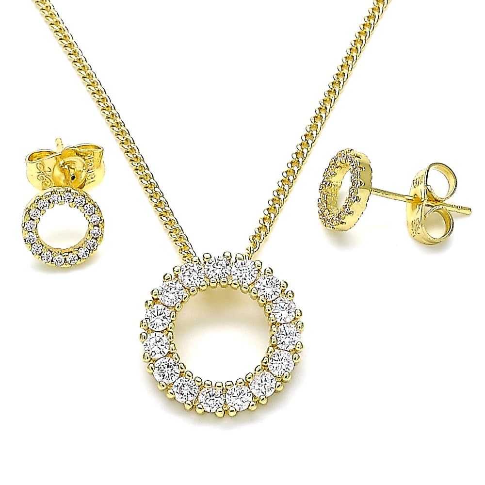 Oro Laminado Earring and Pendant Adult Set, Gold Filled Style with White Cubic Zirconia, Polished, Golden Finish