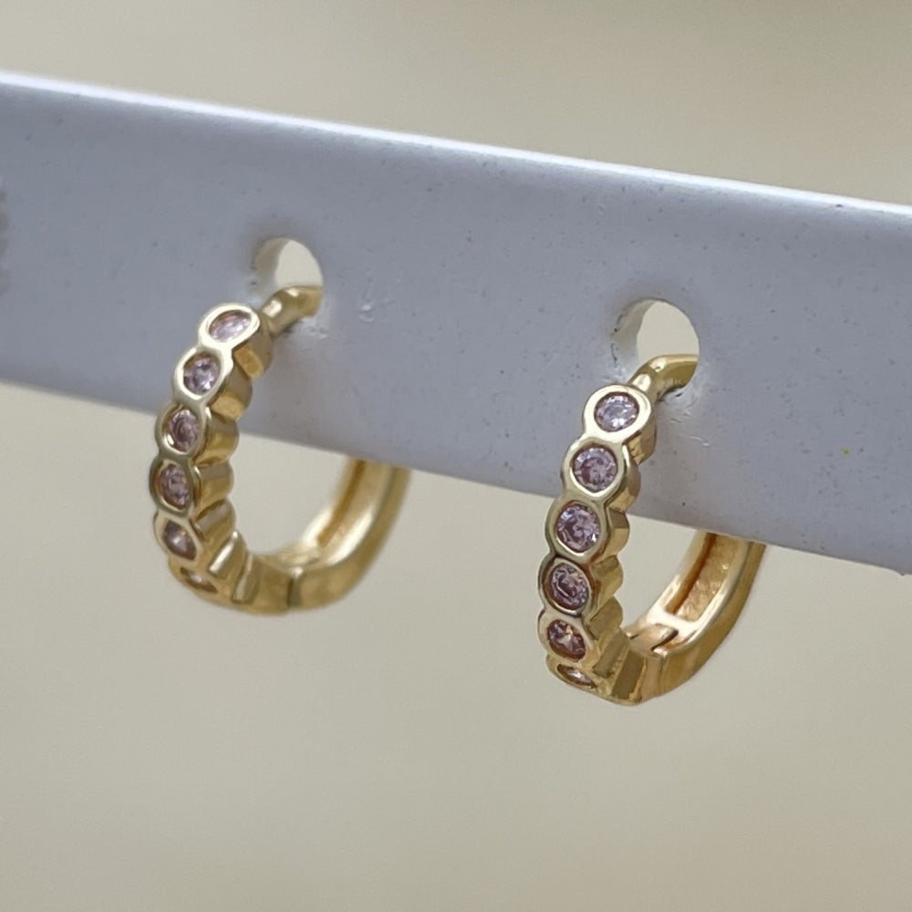 Oro Laminado Huggie Hoop, Gold Filled Style with Pink Cubic Zirconia, Polished, Golden Finish