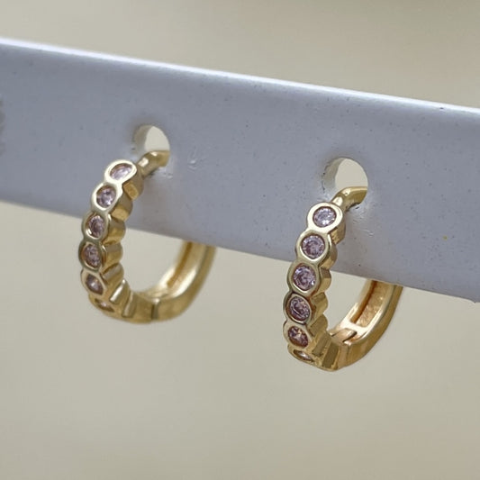 Oro Laminado Huggie Hoop, Gold Filled Style with Pink Cubic Zirconia, Polished, Golden Finish