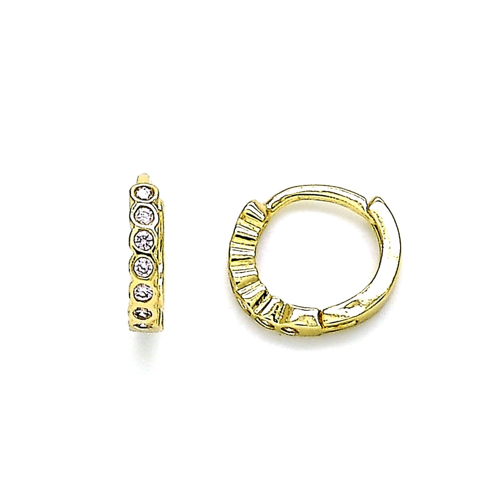 Oro Laminado Huggie Hoop, Gold Filled Style with Pink Cubic Zirconia, Polished, Golden Finish