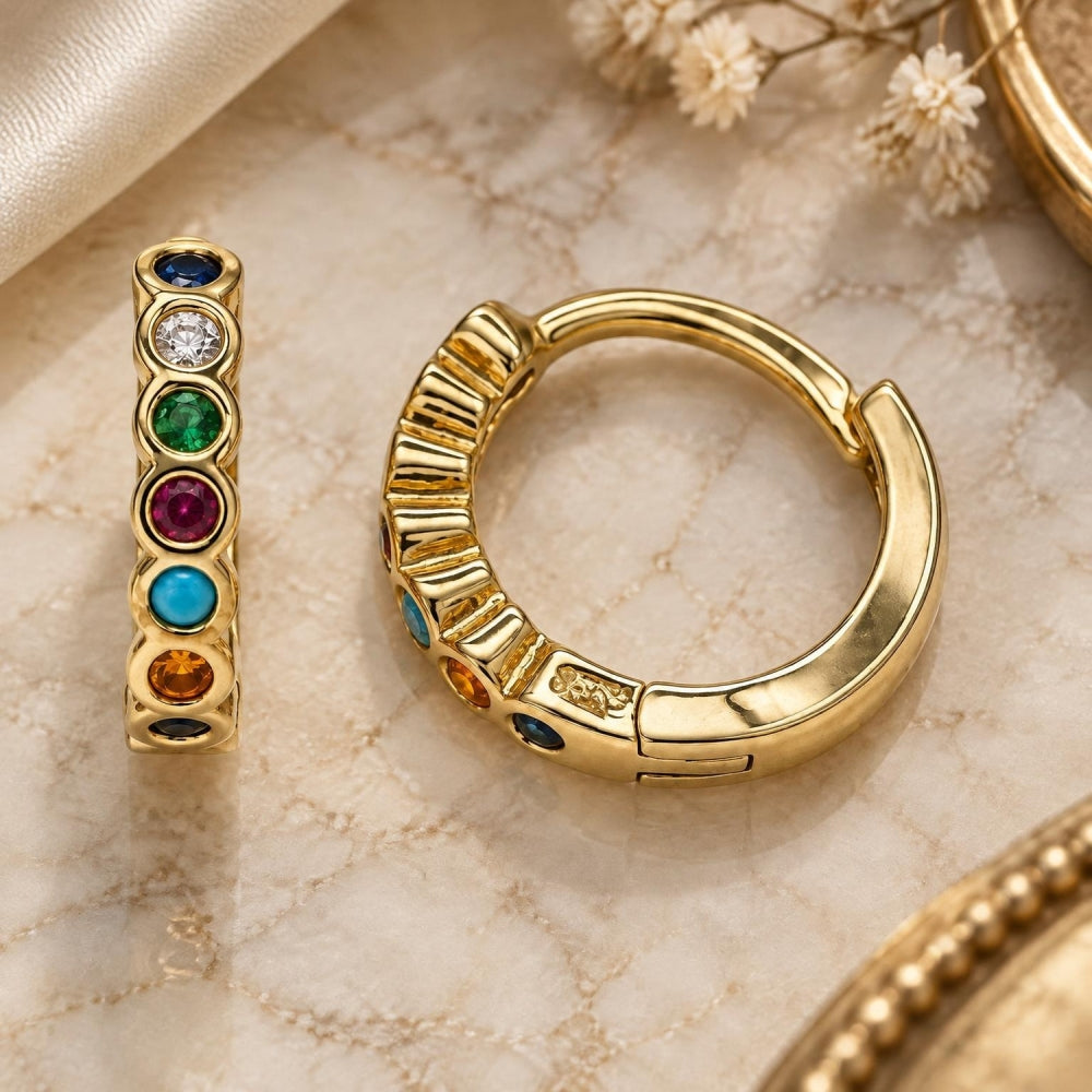 Oro Laminado Huggie Hoop, Gold Filled Style with Multicolor Cubic Zirconia, Polished, Golden Finish