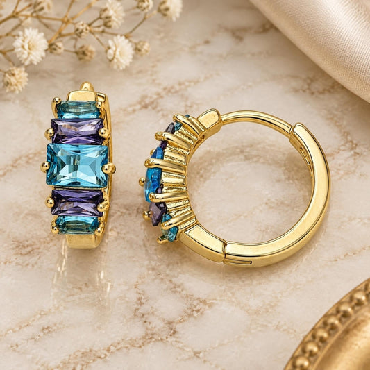 Oro Laminado Huggie Hoop, Gold Filled Style Baguette Design, with Blue Topaz and Amethyst Cubic Zirconia, Polished, Golden Finish