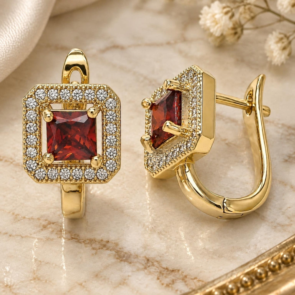 Oro Laminado Huggie Hoop, Gold Filled Style with Garnet Cubic Zirconia and White Micro Pave, Polished, Golden Finish