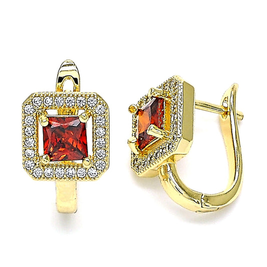 Oro Laminado Huggie Hoop, Gold Filled Style with Garnet Cubic Zirconia and White Micro Pave, Polished, Golden Finish