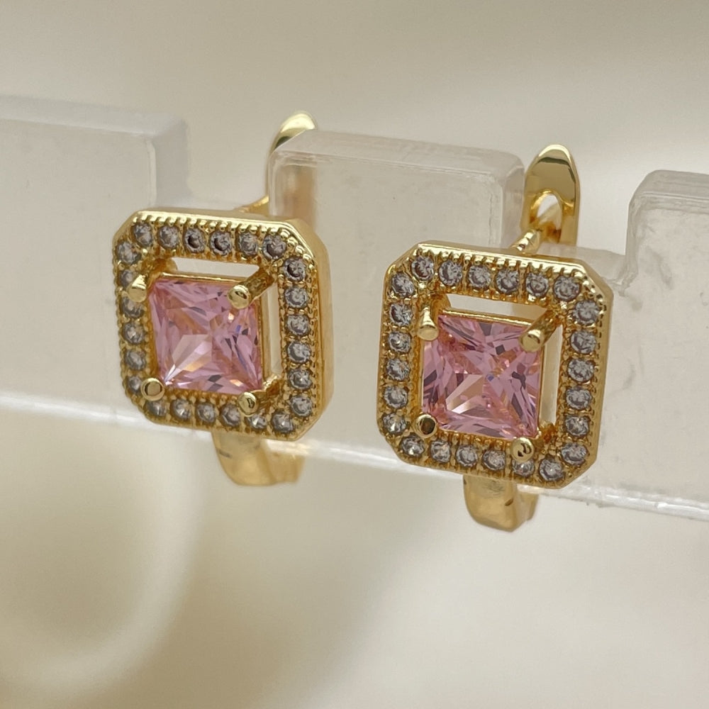 Oro Laminado Huggie Hoop, Gold Filled Style with Pink Cubic Zirconia and White Micro Pave, Polished, Golden Finish