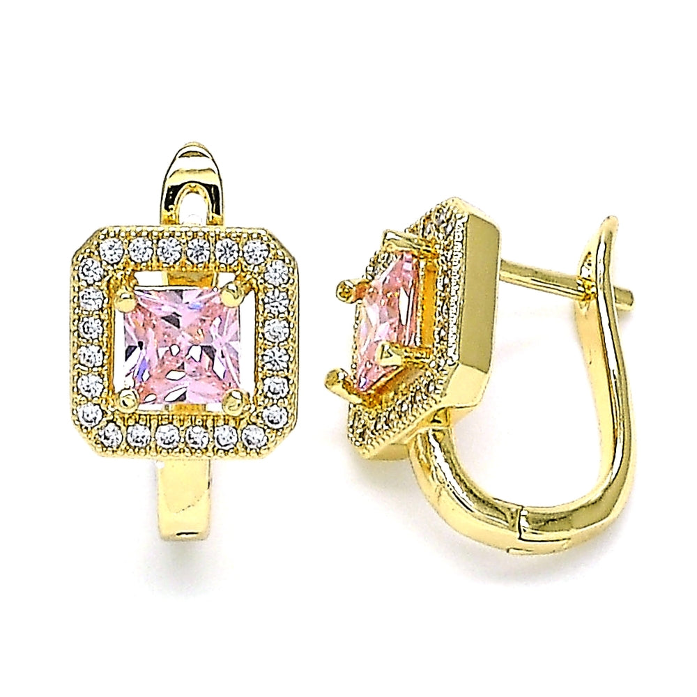 Oro Laminado Huggie Hoop, Gold Filled Style with Pink Cubic Zirconia and White Micro Pave, Polished, Golden Finish