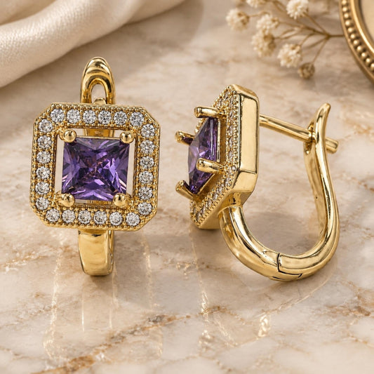 Oro Laminado Huggie Hoop, Gold Filled Style with Amethyst Cubic Zirconia and White Micro Pave, Polished, Golden Finish