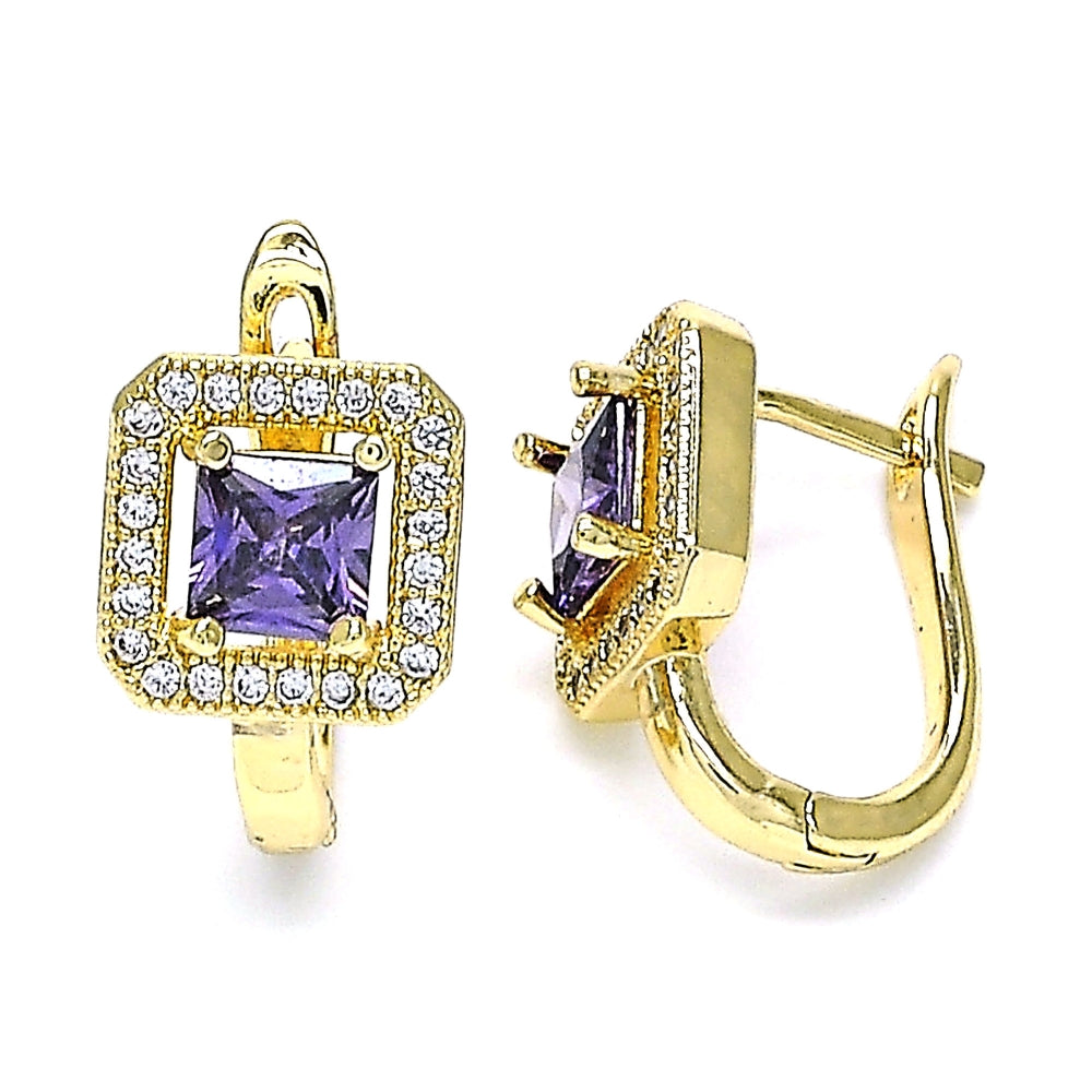 Oro Laminado Huggie Hoop, Gold Filled Style with Amethyst Cubic Zirconia and White Micro Pave, Polished, Golden Finish