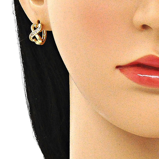 Oro Laminado Huggie Hoop, Gold Filled Style Heart Design, with Pink Micro Pave, Polished, Golden Finish