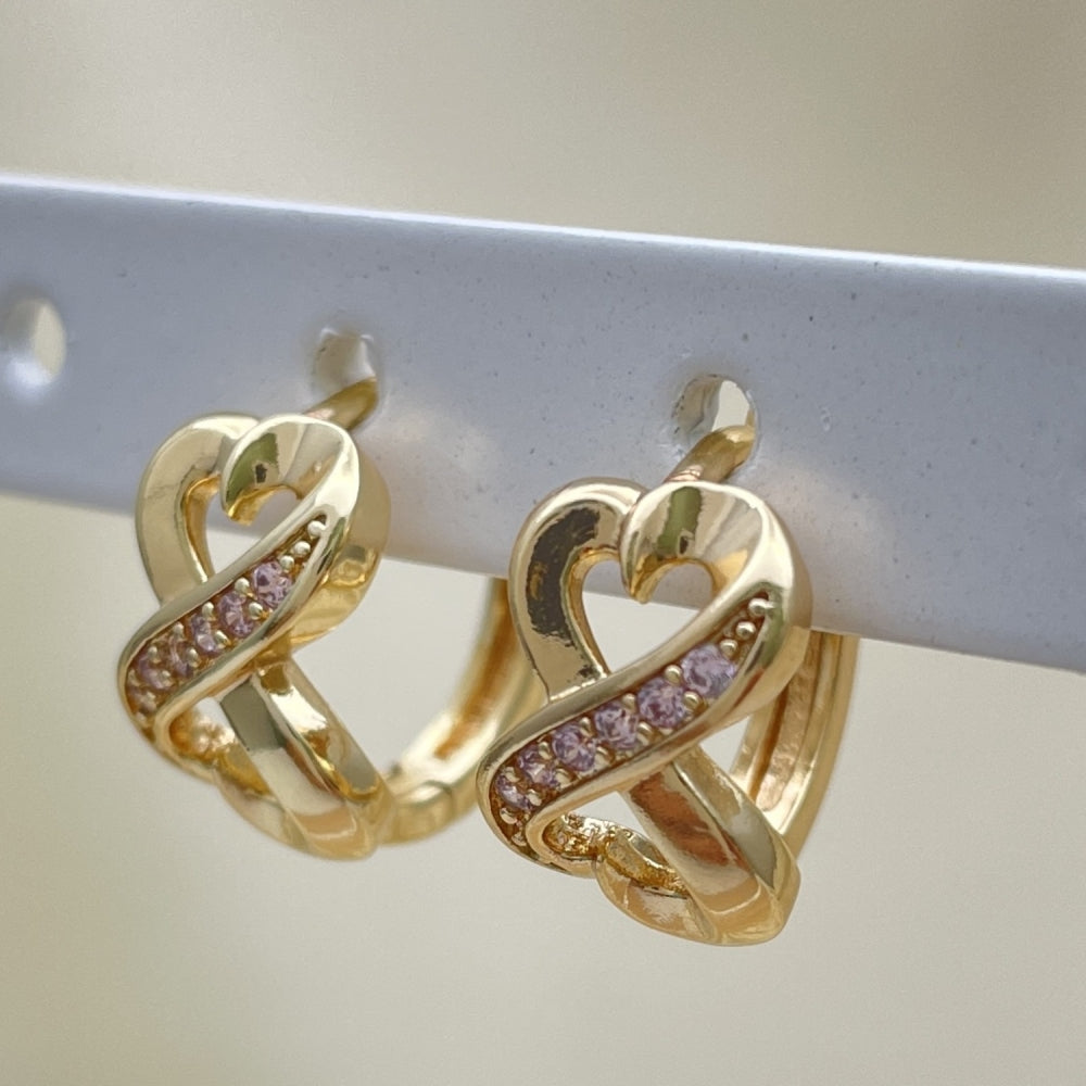 Oro Laminado Huggie Hoop, Gold Filled Style Heart Design, with Pink Micro Pave, Polished, Golden Finish